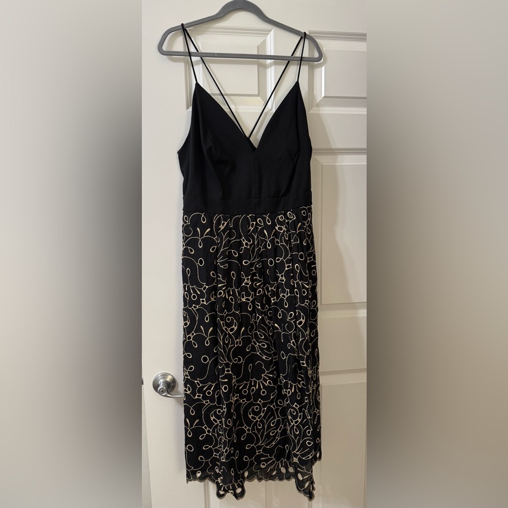 Anthropologie Black and Gold Embroidered Midi Dress